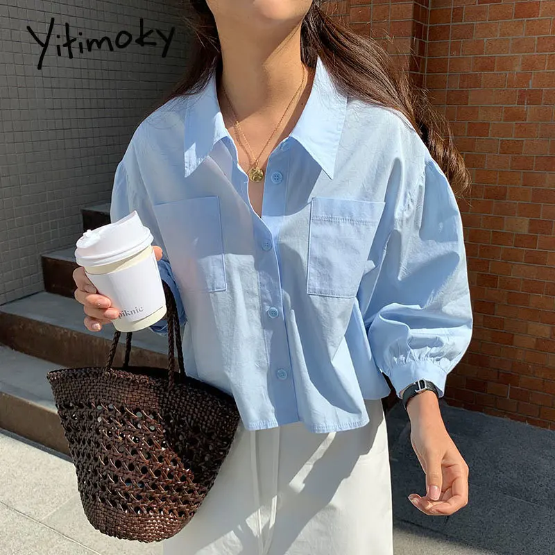 

Yitimoky короткие блузки на пуговицах для женщин рукав девять четвертей отложной воротник Свободная одежда 2021 весенние корейские модные новые ...
