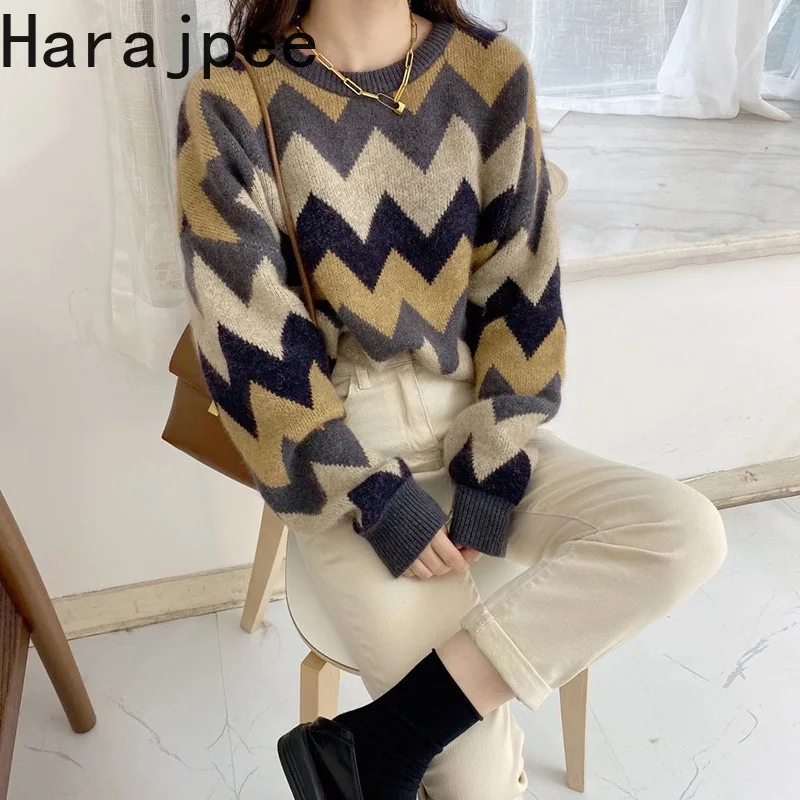 

Свитер в стиле харадзпи на осень и зиму, новинка 2021, корейские свитера в полоску, плотная Повседневная Женская тонкая рубашка с внутренней п...