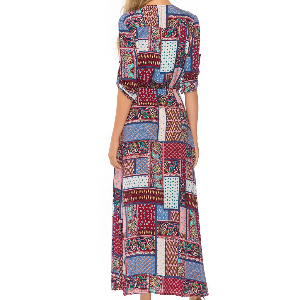 Женское богемное платье с поясом винтажное пляжное V образным вырезом