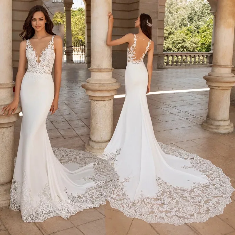 

V-Neck Mermaid Wedding Dresse With Long Train 2021 Lace Appliques Satin Elegant Bride Gown For Women Sleeveless Backless