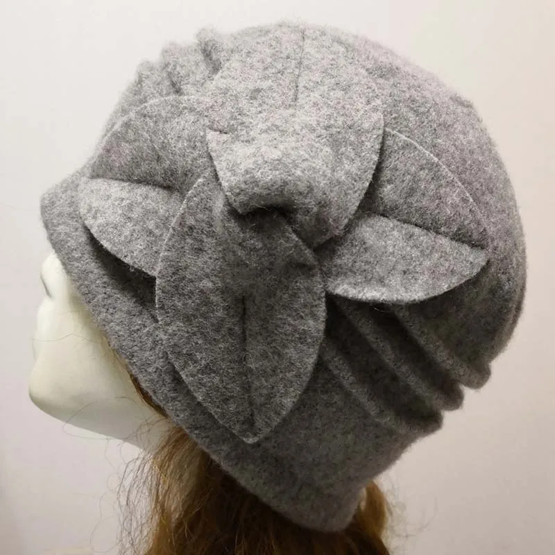 Light gray Женские шерстяные шапки на осень и зиму, чистая шерсть, теплые шапки, шапка-ведро, подарки для мамы, леди, цветок, фетровая шляпа - Цвет: Light gray