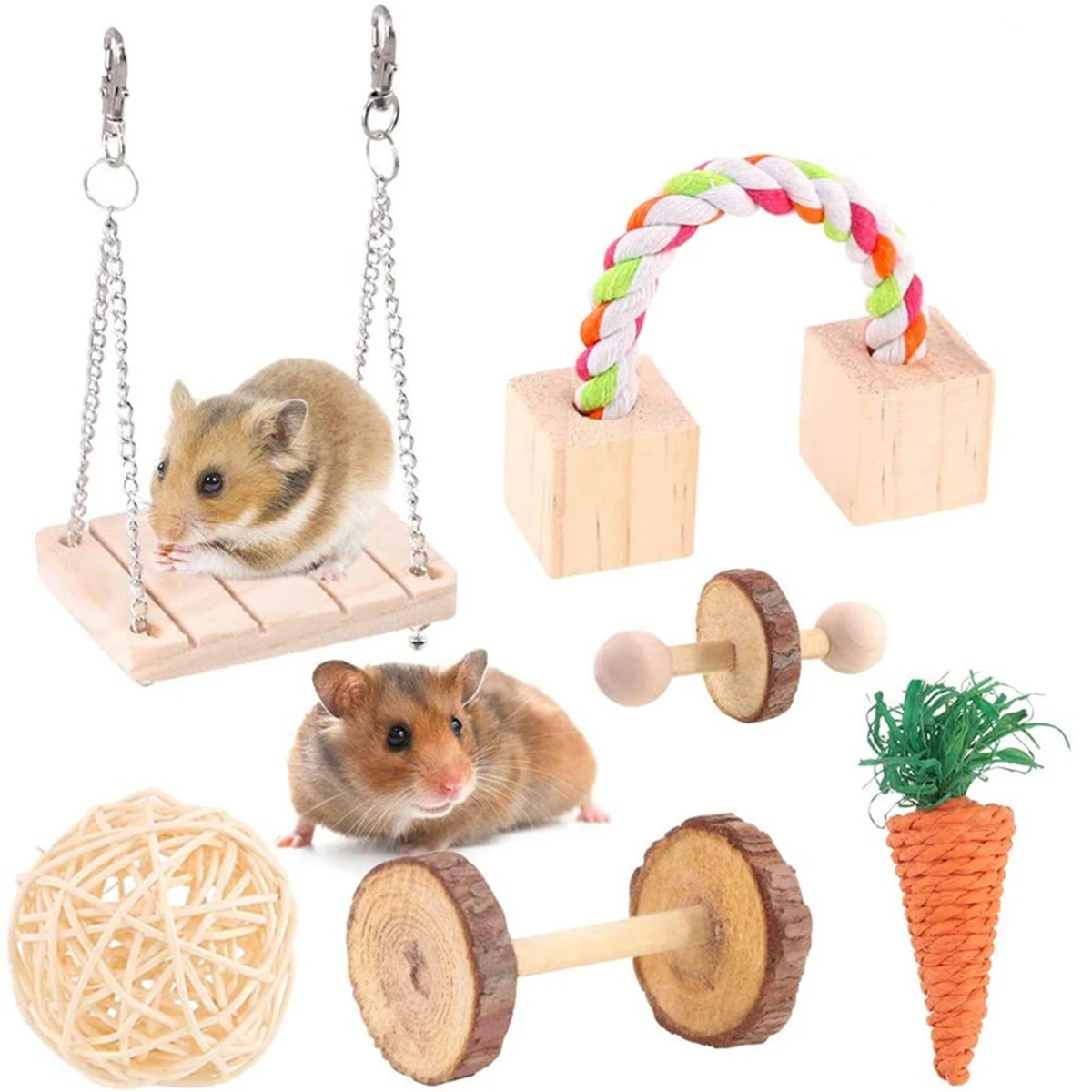 

6Pcs Hamster Toy Set Hamster Wooden Swing Chewing Carrot Toy Pet Exercise Tool Toy