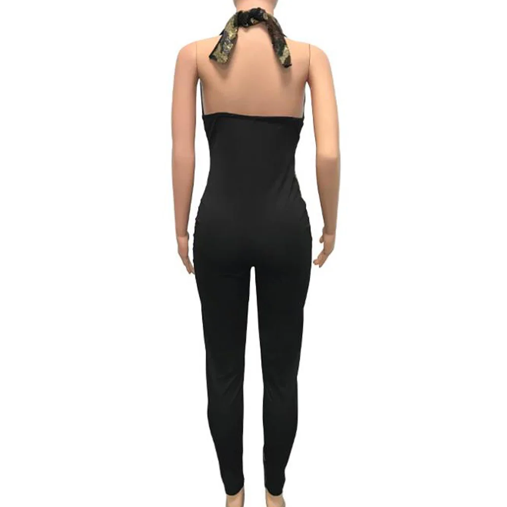 

Camouflage Sequins Halter Jumpsuit Women Sexy V Neck Backless Bandage Romper Night Club Overalls Bodysuits Bodycon Jumpsuits
