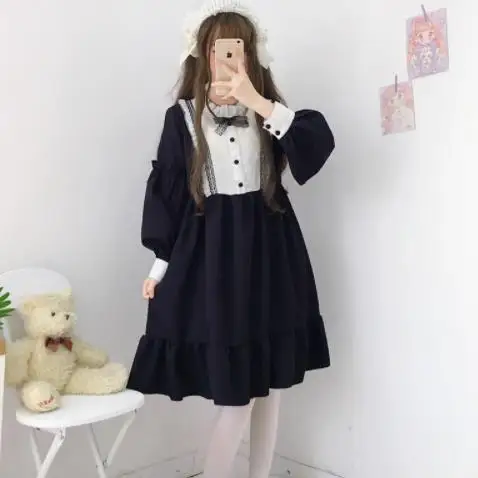 Новинка 2020 vestidos largos платья Лолиты женские милые с бантом и длинным рукавом