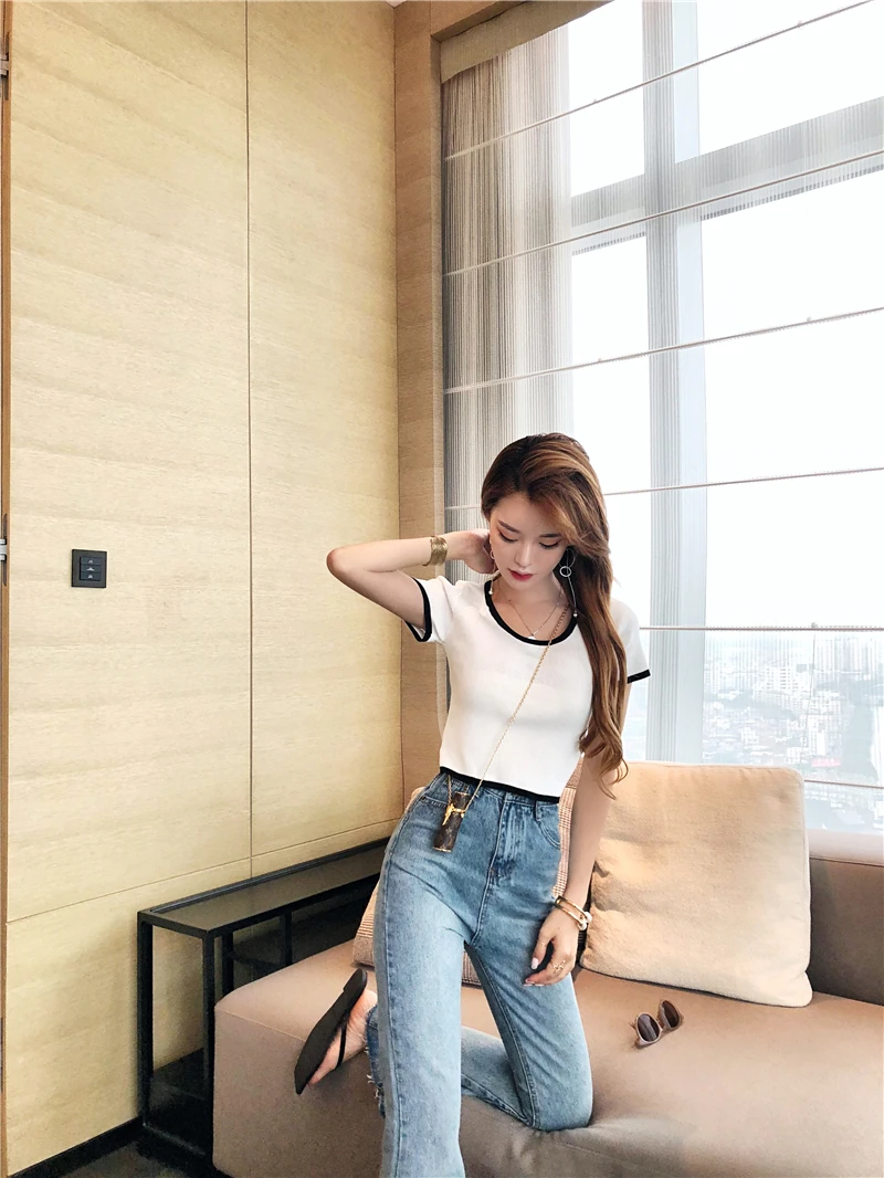 Kpop Blackpink JENNIE/уличная футболка с круглым вырезом Женский костюм из двух предметов, топ и штаны, женский корейский сексуальный тонкий комплект из 2 предметов