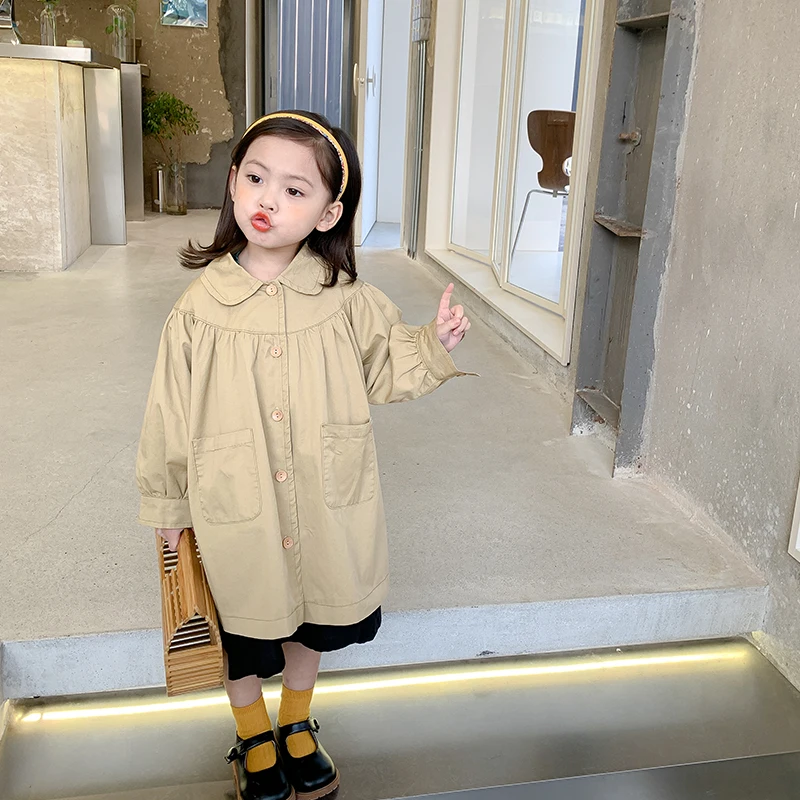 

MILA CHOU 2022 Spring Girl's Cotton Causal Khaki Trench Coat Kids Elegant Mid-length Loose Windbreaker Chiidren Outwear Clothes