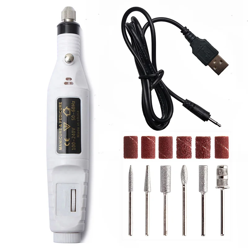 Белый 1 Набор, 5 В, USB, одна, низкая скорость, электрическая дрель для ногтей, машинка для маникюра, пилка для дизайна ногтей, сверла для ногтей, инструмент, аппарат для педикюра - Цвет: Белый