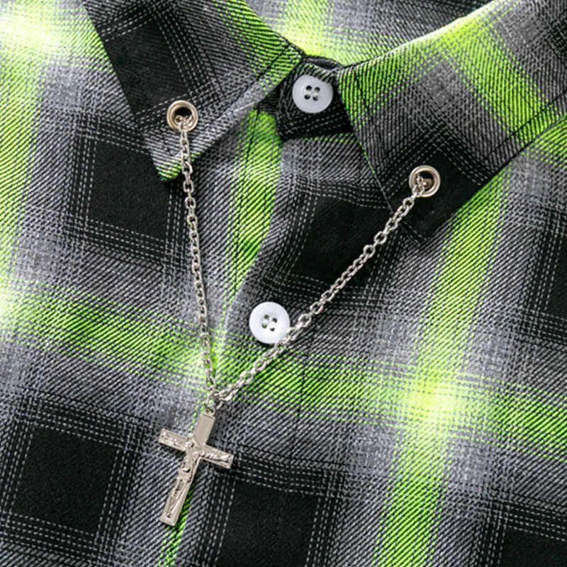 

JING ZHE Plaid Patchwork Shirts Men Spring Long Sleeve Casual Shirts High Street Hip Hop Streetwear Loose Retro Tops Chain Decor