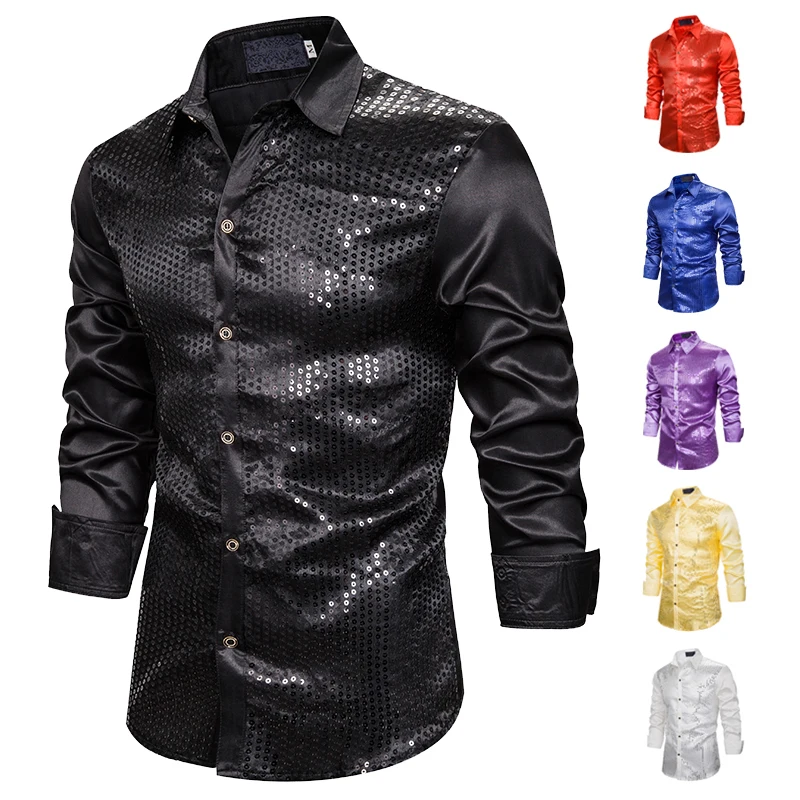 Блестящая рубашка с пайетками для ночного клуба мужская повседневная шелковая