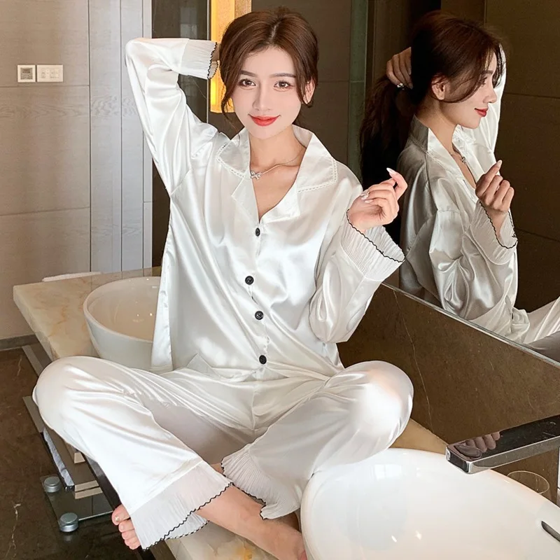 Spring Summer Ice Silk Women's Pajamas Korean Sexy Sleepwear Sweet Fashion Long Sleeve Cardigan Home Wear Set Nightwear