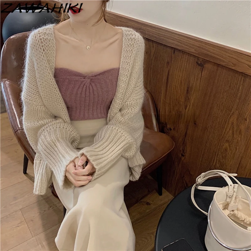 

ZAWAHIKI Sweaters Women Autumn New Retro Loose Lazy Style Lantern Long Sleeve Chic Knit Tops Solid Thin Loose Sweater Cardigan