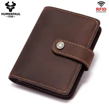 HUMERPAUL New Rfid Anti-magnetic Card Holders Cow Leather Smart Wallets Men Bussiness Purse Vintage Short Money Bag Dropshipping