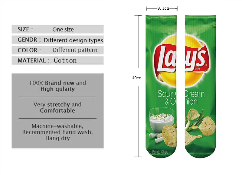 3D забавные мужские длинные носки с принтом картофельных чипсов женские и цветные