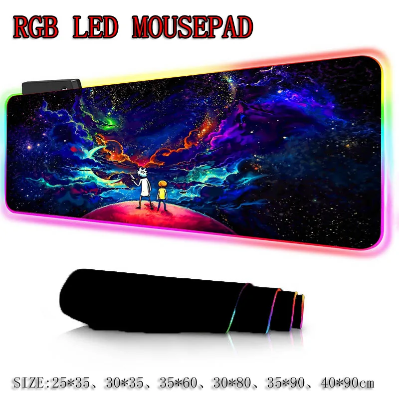 xgz morty anime gaming rgb gamer large mousepad led lighting usb keyboard colorful desk pad mice mat for pc laptop desktop free global shipping