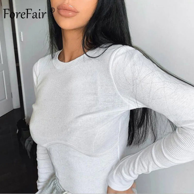 Женское облегающее боди с круглым вырезом Forefair белое повседневное в рубчик
