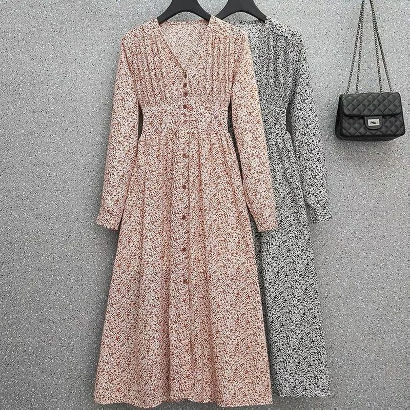

2022 Autumn New French Floral Dress Female Long-sleeve V-neck Casual Dress Temperament High Waist Dresses Robe Femme 16951