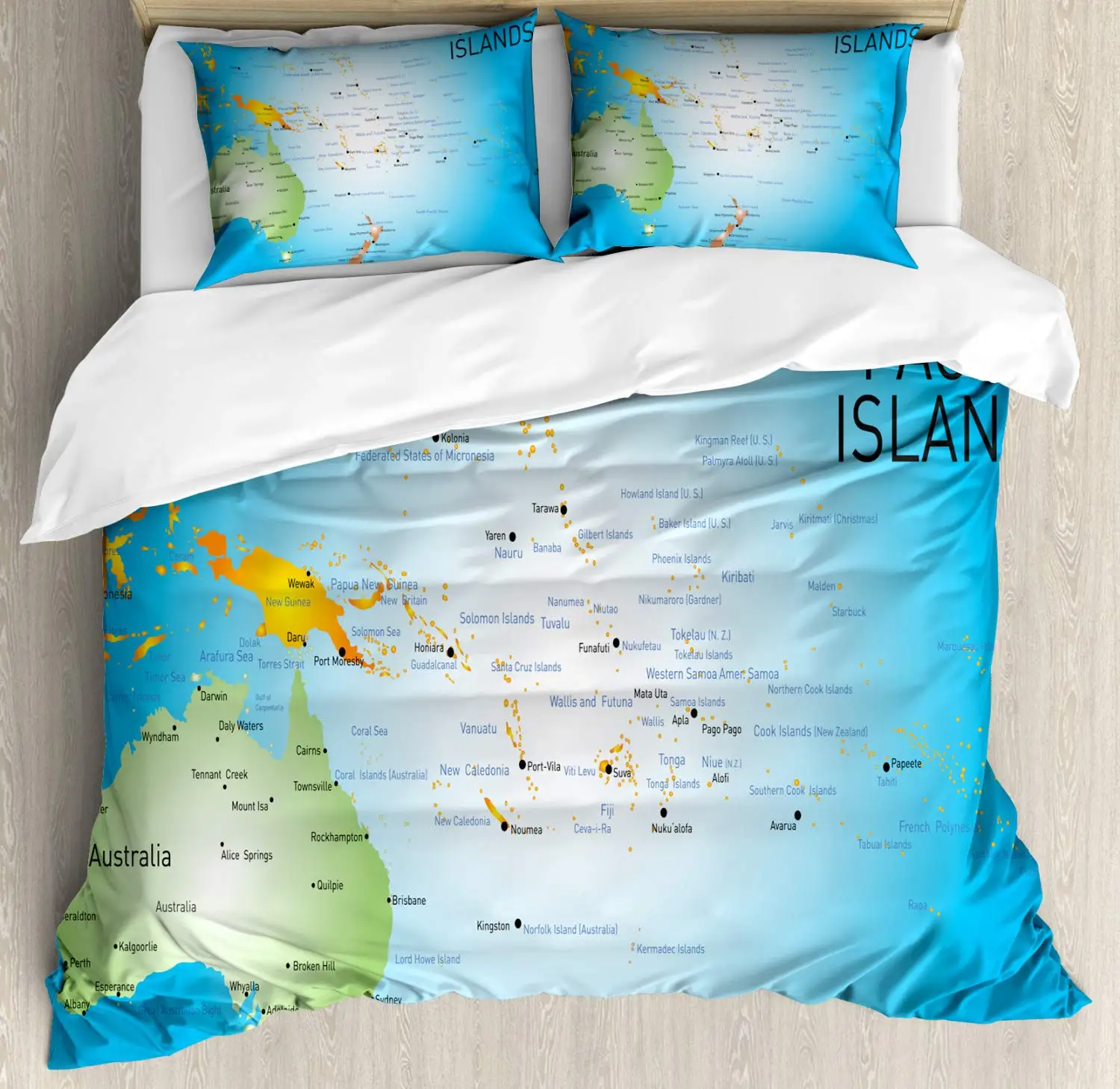 Map Duvet Cover Set Informational Design of Pacific Islands 3 Piece Bedding Sky Blue Pistachio Green Charcoal Grey and Earth | Дом и сад