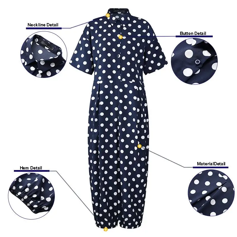 

2021 Summer Overalls Women Casual Polka Dots Turnip Jumpsuits ZANZEA Vintage Short Sleeve Long Rompers Suspenders Playsuits 5XL