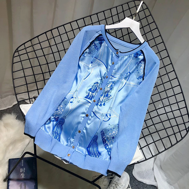 ALPHALMODA с принтом сатиновый, пэчворк вязаный свитер с длинным рукавом Женская новые тонкие трикотажные туфли в стиле ретро; одежда на осень куртка