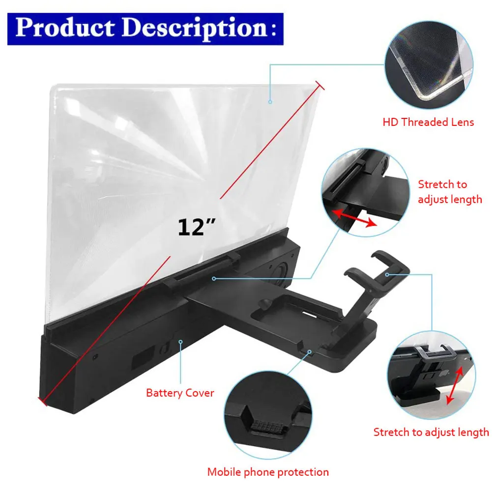 

12 Inch 3D Folding Mobile Phone Screen Magnifier With Bluetooth Speaker Hd Video Amplifier Stand Enlarger For Phone Movie Game