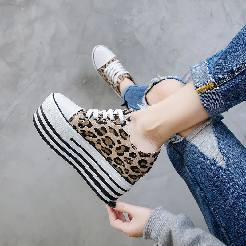 

Woman Platform Vulcanized Shoes 9CM Hidden Heel Height Increasing Casual Shoes Female High-top Sneakers Wedges Canvas Shoes