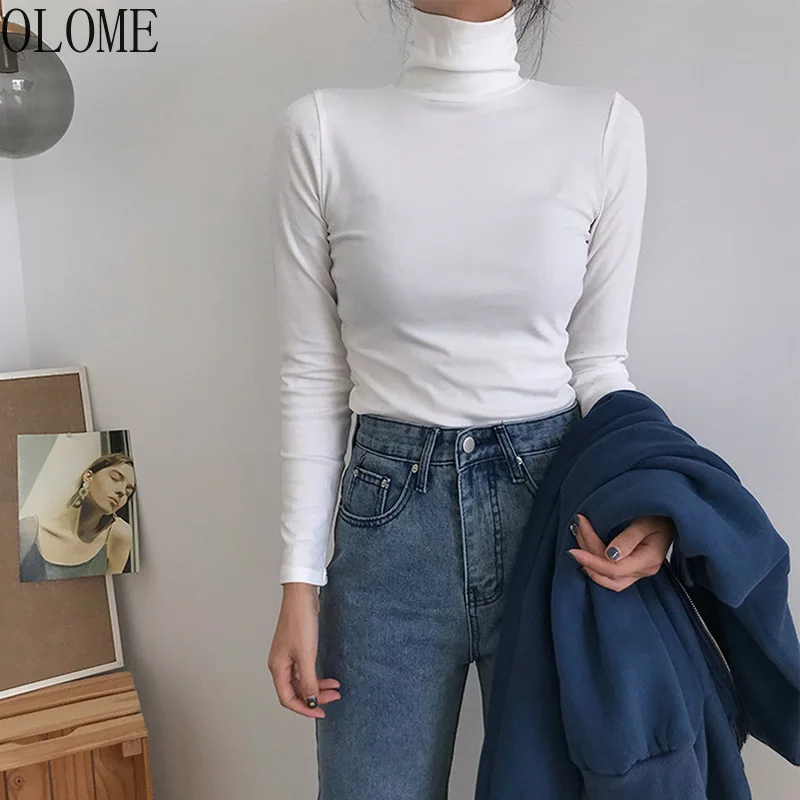 

OLOME Spring Autumn Long Sleeve Top Slim Knitted Bottoming Shirt Korean Fashion Black Turtleneck Sweater Women Clothing Pullover