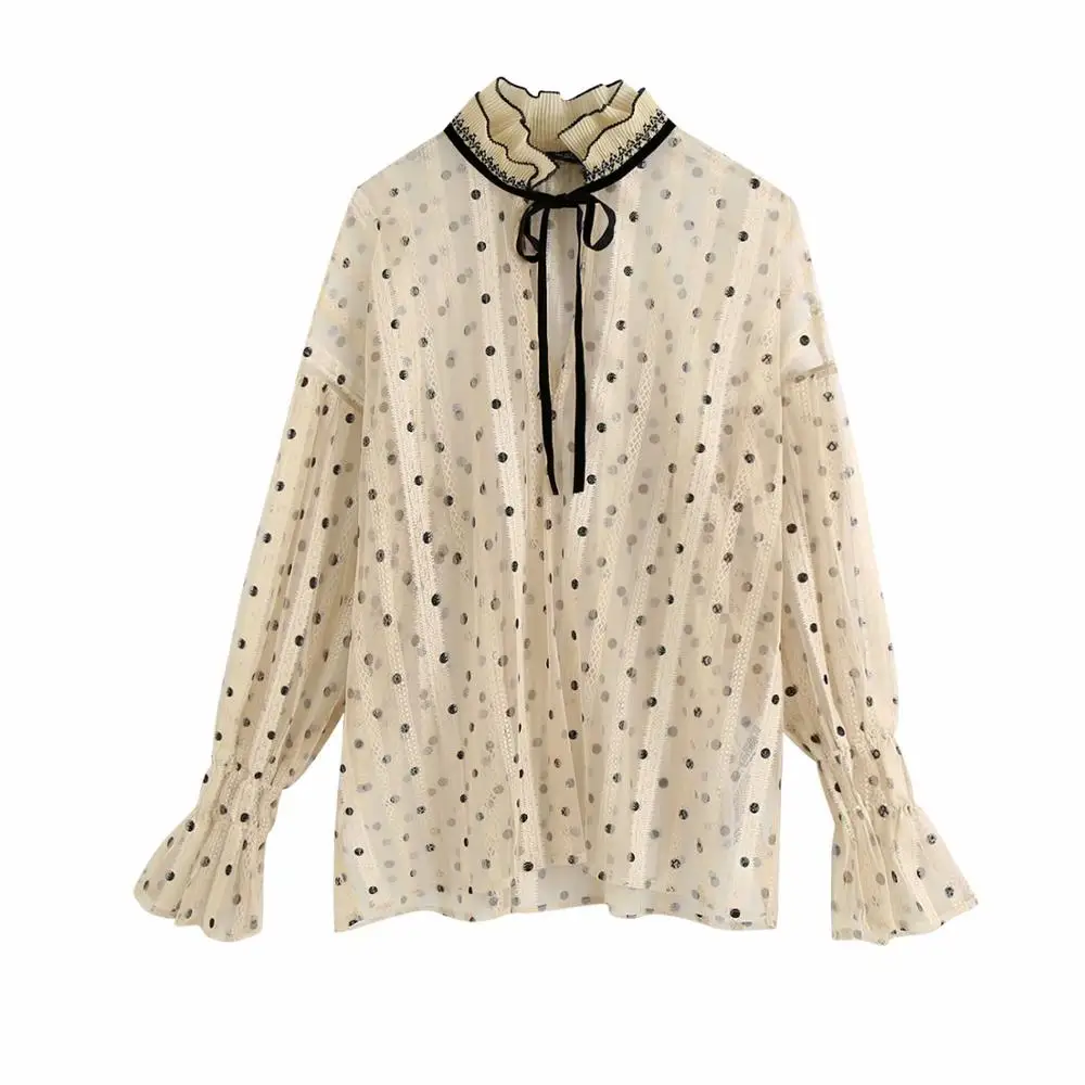 2020 Новая Осенняя женская бежевая прозрачная рубашка в горошек с широкими