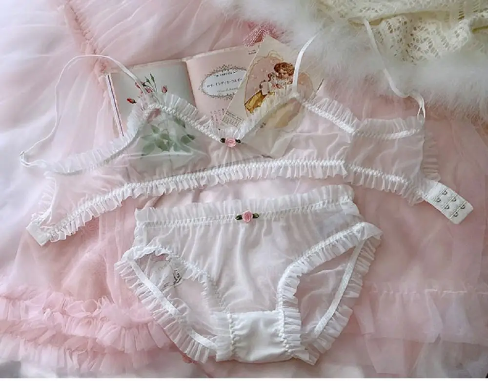 

Wriufred Girly romantic ultra-thin lingerie panties silky transparent fungus ruffled rose bralette sexy mesh underwear bra set