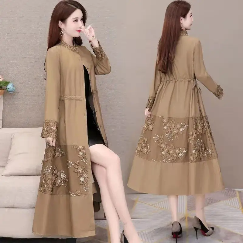 

Spring Windbreaker Autumn Trench Coat Women Embroidery Khaki Black Coat Long Trench Coats Female Outerwear 5XL Y470