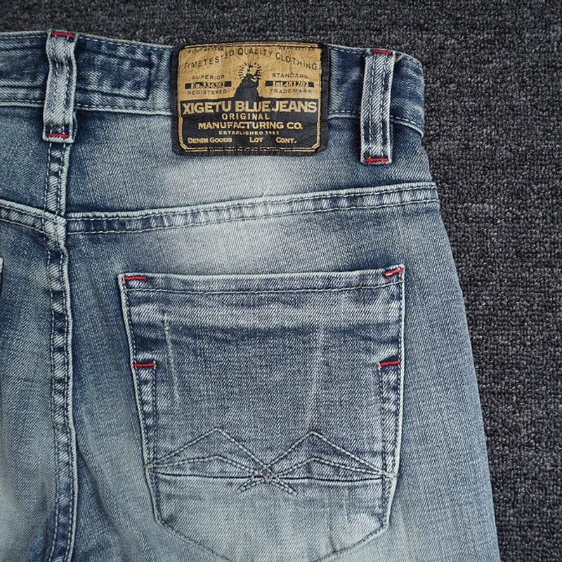 European Vintage Fashion Men Jeans Retro Light Blue Elastic Slim Fit Ripped Jeans Men Patchwork Designer Casual Denim Pants