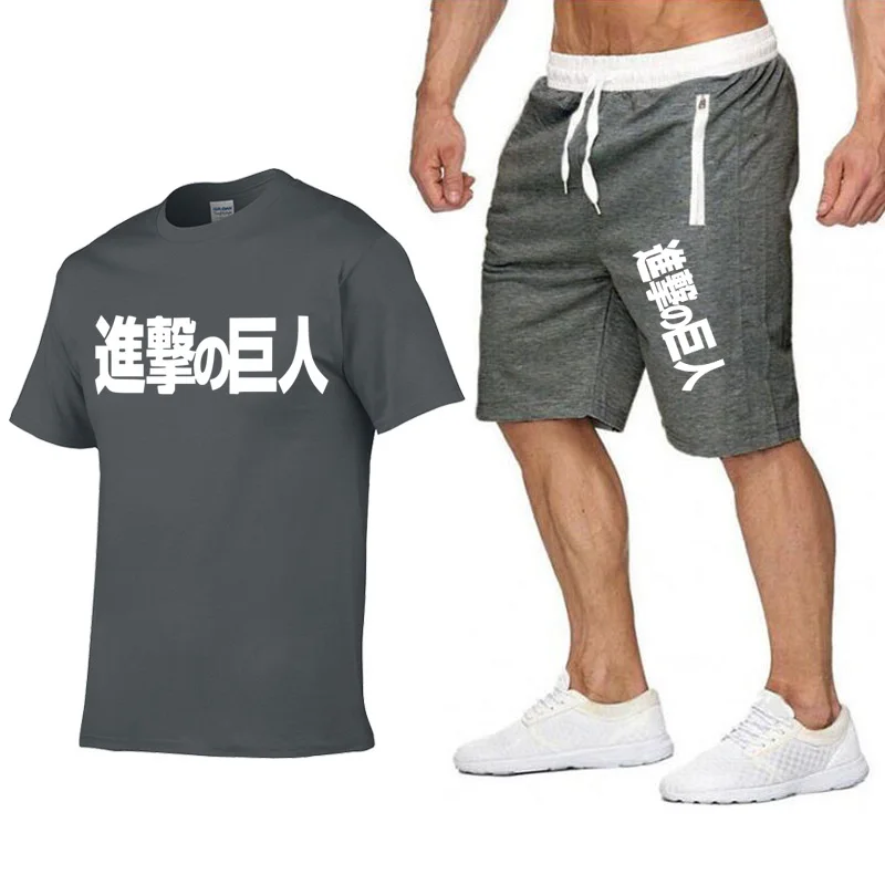 

Attack on Titan T-shirts Men's Set Summer Beach Shorts+T shirt Two Pieces Japanese Anime Harajuku Manga T-shirt Men Jogging Suit