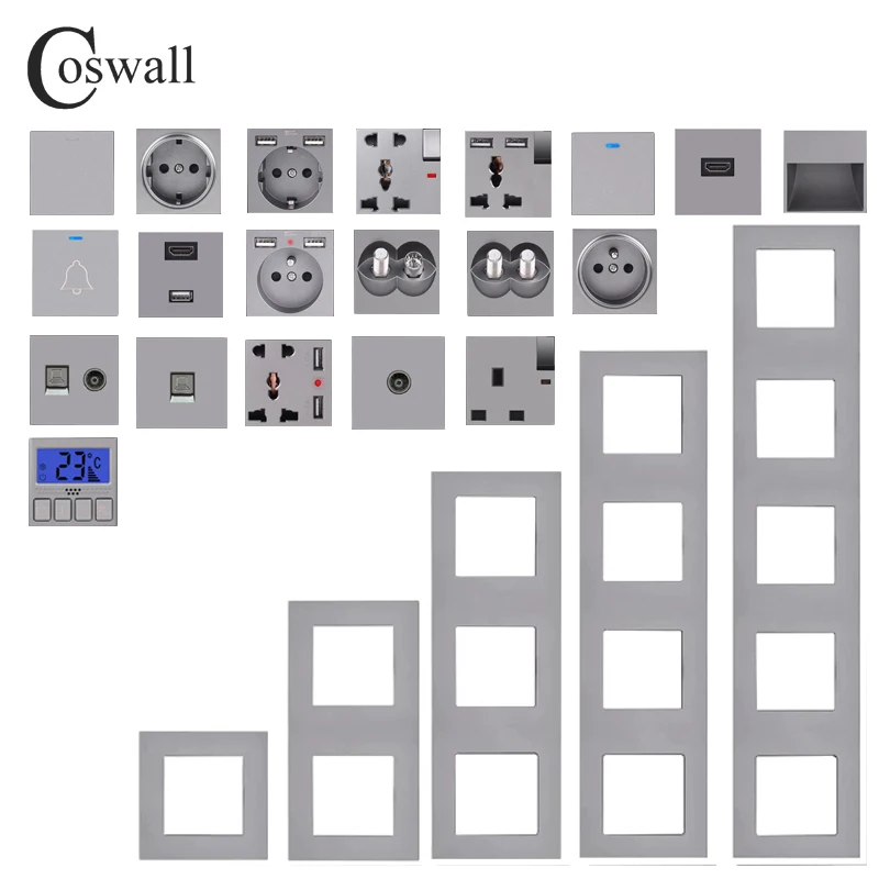 

COSWALL E20 Series Grey Vertical PC Panel Wall Switch EU French Socket HDMI-compatible USB Type-C Charger TV RJ45 Module DIY