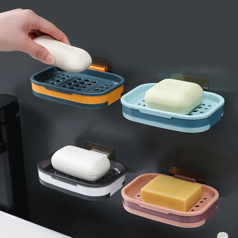 

Wall Mounted Soap Rack Non Drilling Soap Holder Double Layer Soap Sponge Dish Tray Organizer Bathroom Accessories Self Adhesive