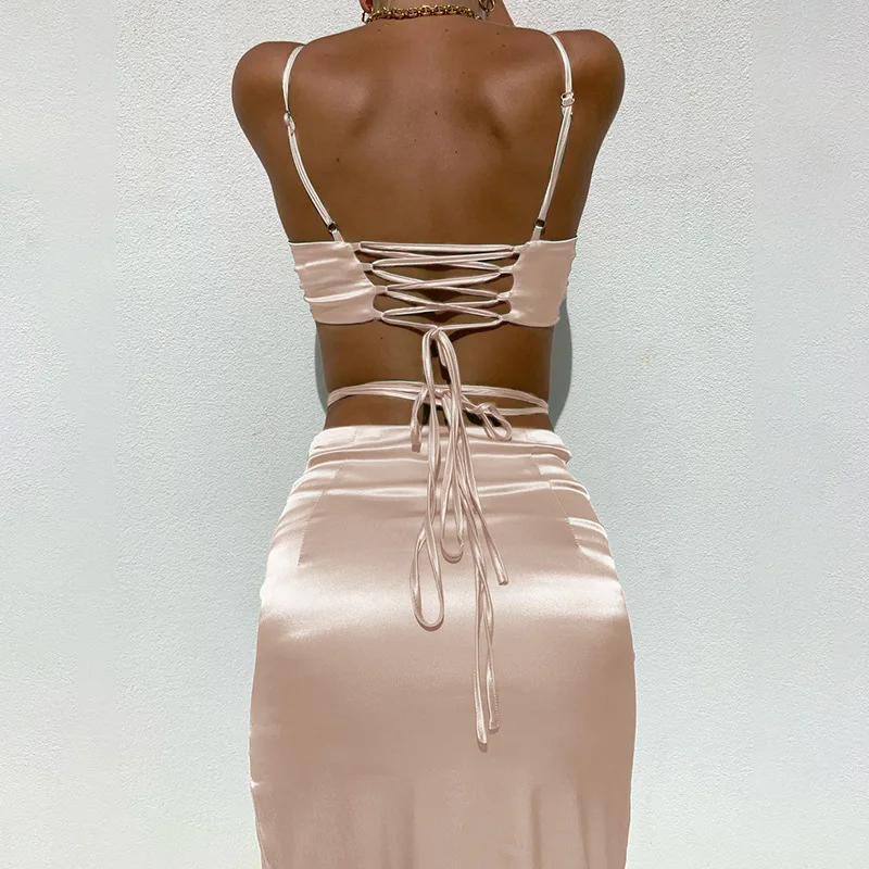 

Folds Wrap Chest Cropped Top And Split Pencil Skirt Set For Women Summer 2021 Sexy Beach Satin Outfit Femme Matching Sets Solid