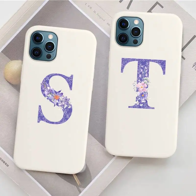 

Initial Letter Retro Purple Flower Phone Case Soft Solid Color for iPhone 11 12 13 mini pro XS MAX 8 7 6 6S Plus X XR
