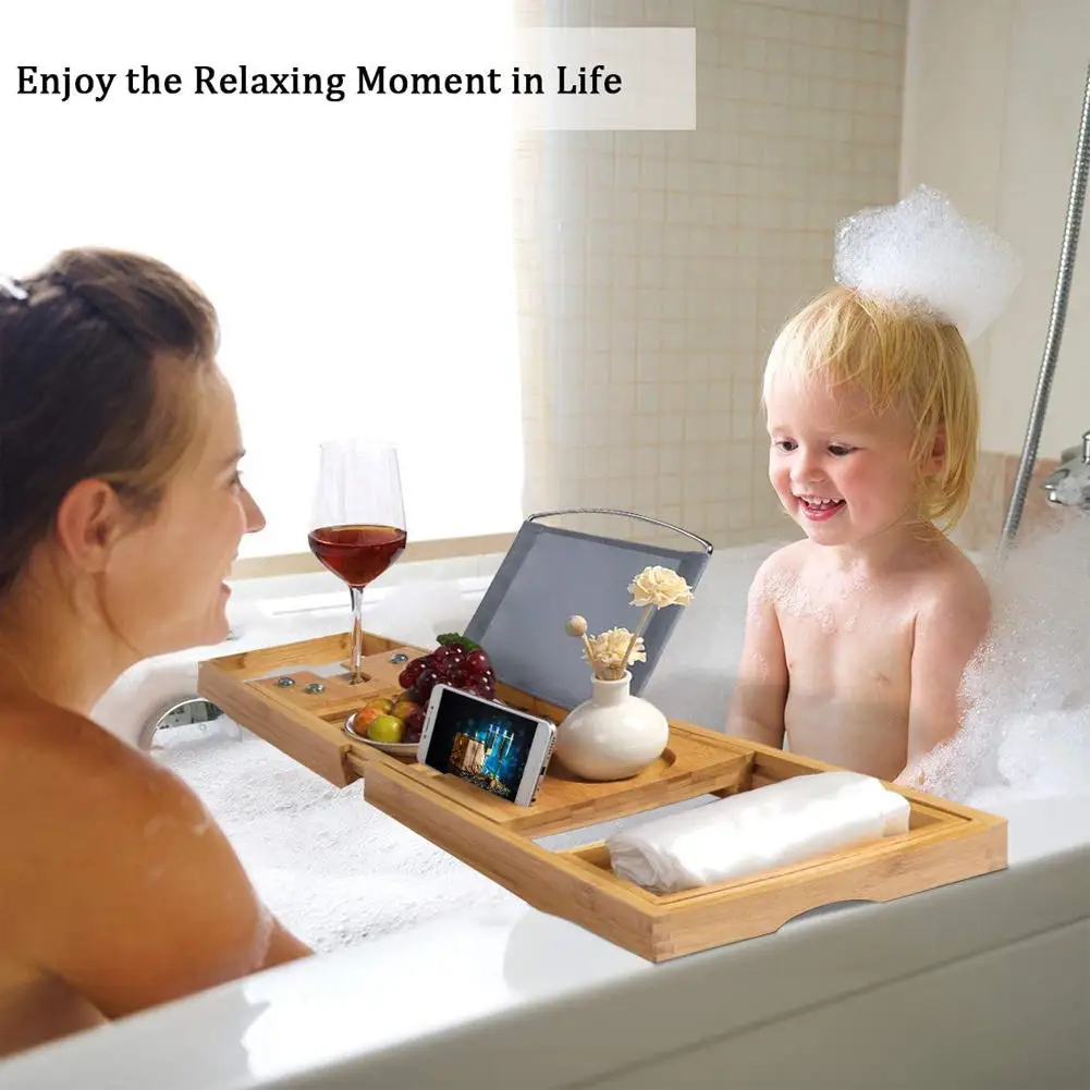 

Bathroom Accessories Storage Shelf Rack Extendable Bamboo Bath Caddy Adjustable Home Spa Wooden Bath Tray