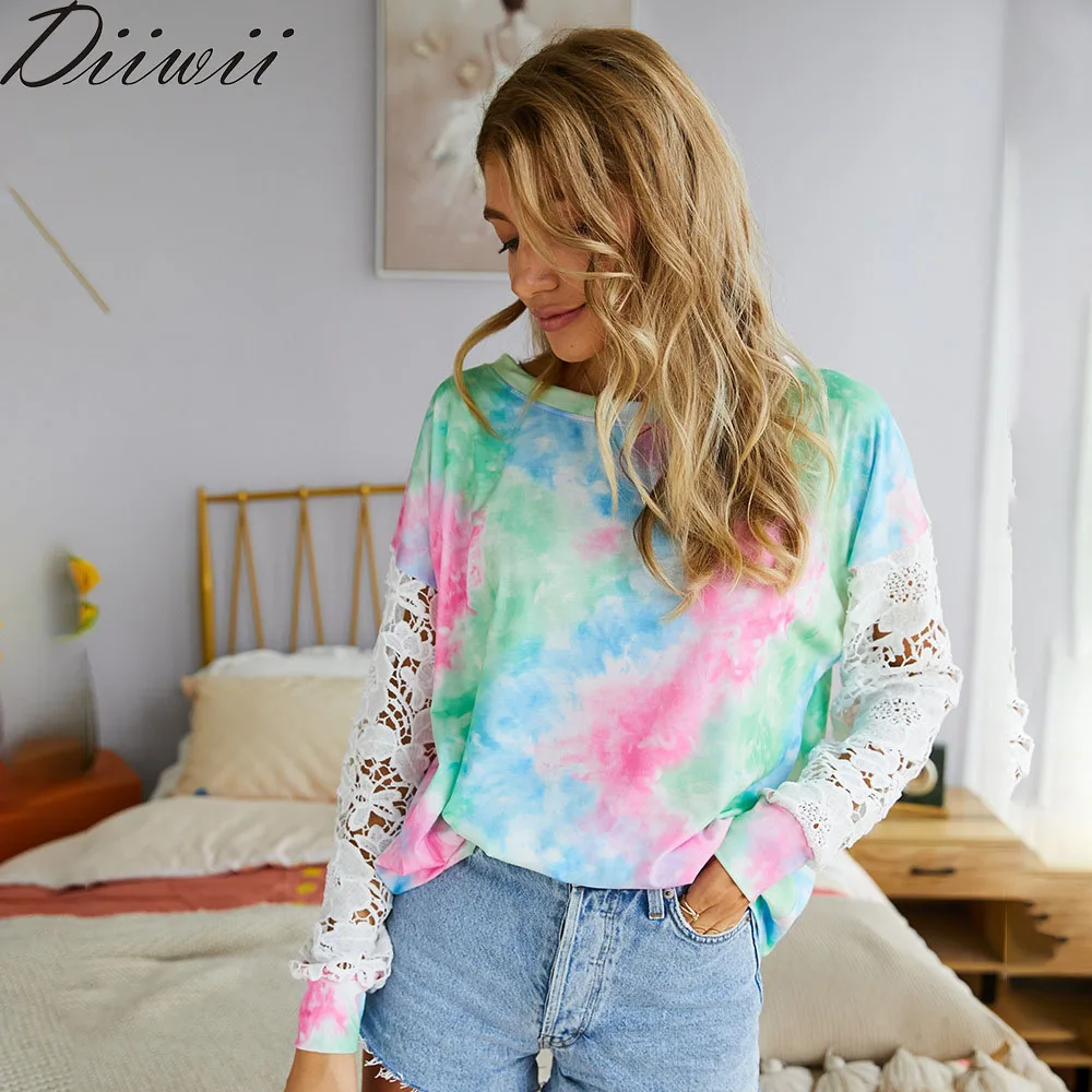 

Diiwii Autumn New Fashion Casual Women Tie Dye Print T Shirt O Neck Lace Patchwork Long Sleeve Batik Tops Tee Shirts for Women