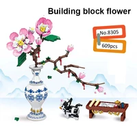 blue and white porcelain peach blossom model mini flower building blocks assembled childrens educational toys home decoration