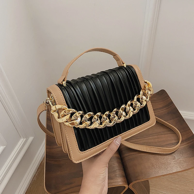 

Contrast Color Leather Crossbody Bag For Women 2021 Designer Pleated Handbag Thick Chain Shoulder Bag Cloud Small Tote Bag Femme