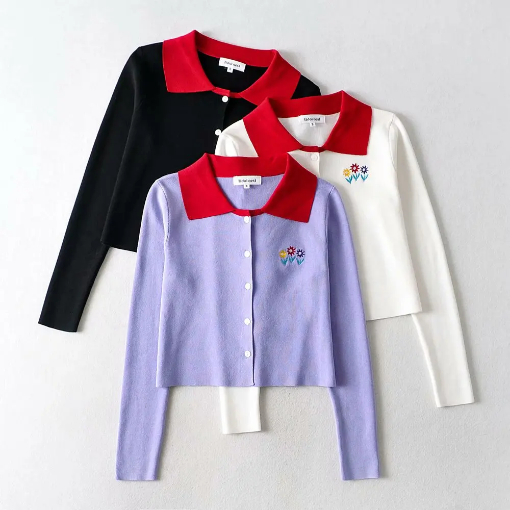 

Женский топ с отложным воротником DTSTARZG, модный стиль, полиэстер, новинки, элегантный свитер с вышивкой, Цветочный теплый вязаный кардиган