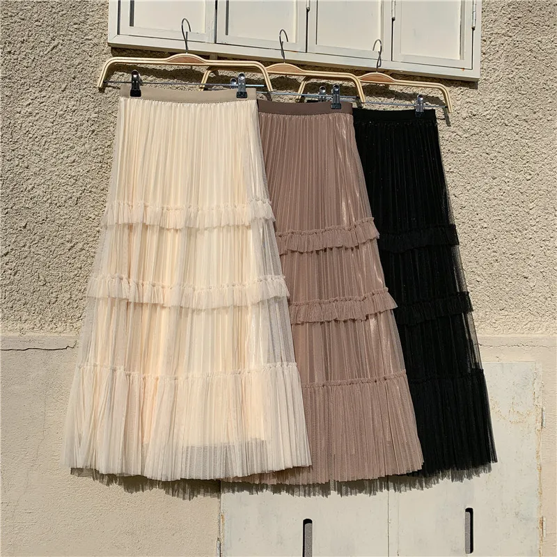 

French Sequin Lining Mesh Splicing Skirt Spring Casual Cake Skirt Women Autumn A-line Pleated Medium Long High Waist Skirt 18388