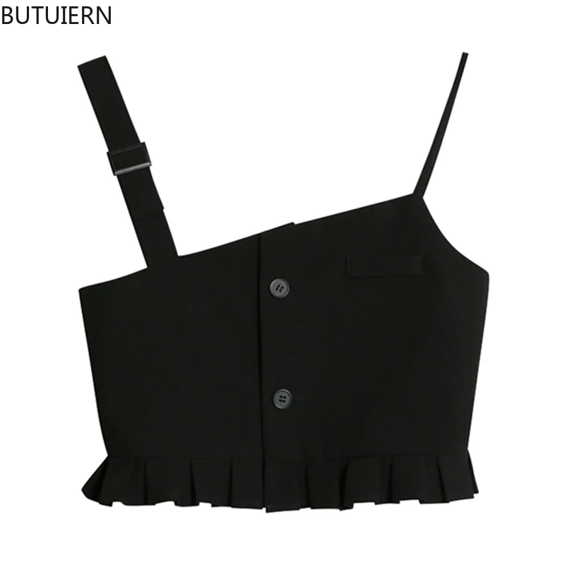 

Women Sexy Bodycon Spaghetti Strap Tops Black Crop Camisole Slim Streetwear Ruffle Design Camis Female Club Bar E-Girl 2021 Lady