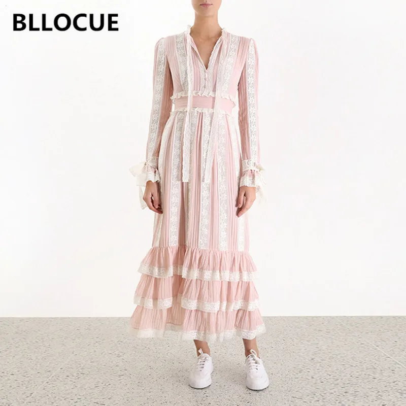 BLLOCUE 2019 осеннее модное розовое кружевное платье для женщин с расклешенными