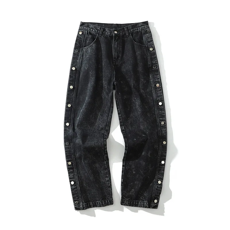 

High street snowflake fashion brand Street loose fitting button large split straight jeans pants