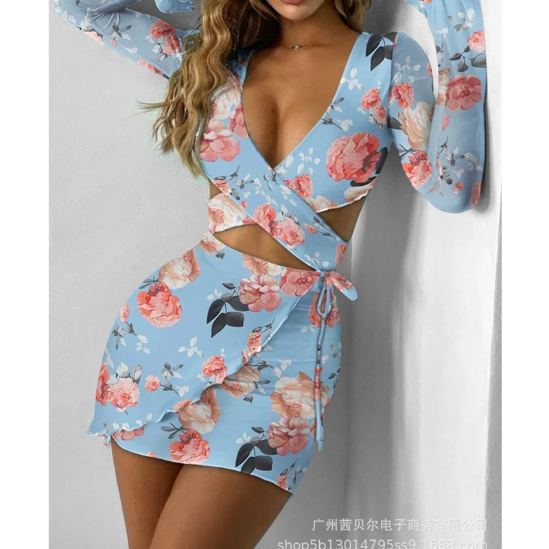 

WEPBEL Women's Sexy Gradient Tie-Dye Print Slim Suit Summer Lace-up High Waist Skirt + Long Sleeve V-neck Hollow Out Top Suit