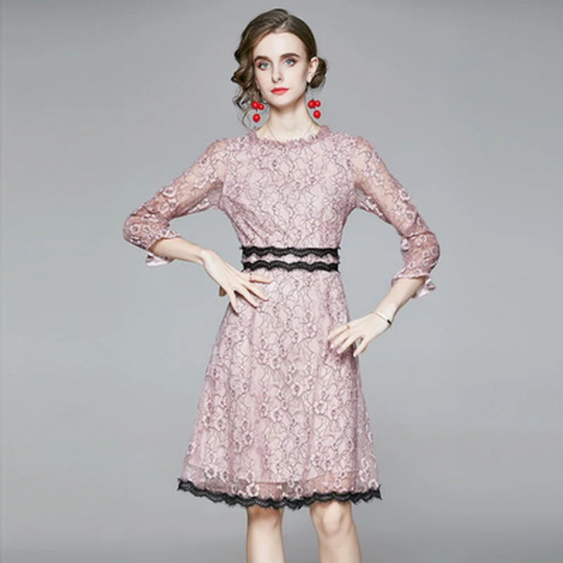 

Chikichi 2021 European Station Autumn Women's New Fashion and Elegant Slim Pure Color Lace Long Sleeve A-line Dress