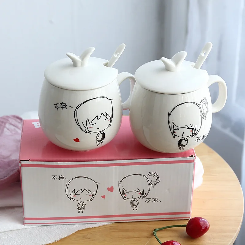 

2 pcs Couple Cups Pair of Creative Cartoons Cute Ceramic Cups Covers Spoons Mug Coffee Cups Milk Cups