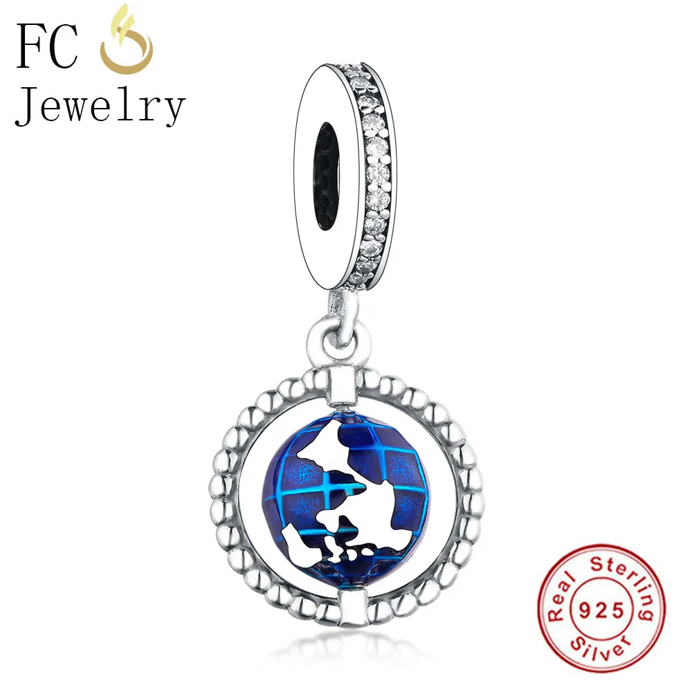 

FC Jewelry Fit Original Pan Charms Bracelet 925 Sterling Silver Round Blue Earth World Globe Map Bead Dangle Women Berloque