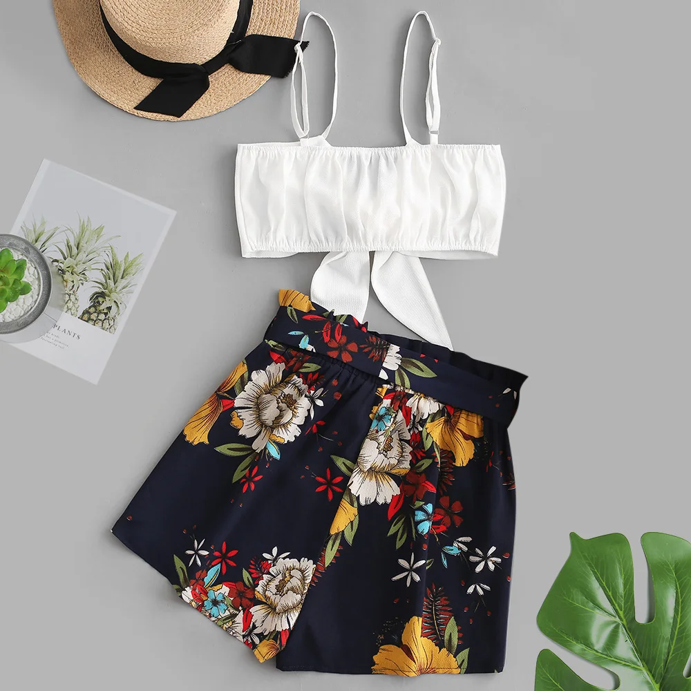 Набор шорт с цветочным принтом и ремнем Женский Повседневный свободный комплект