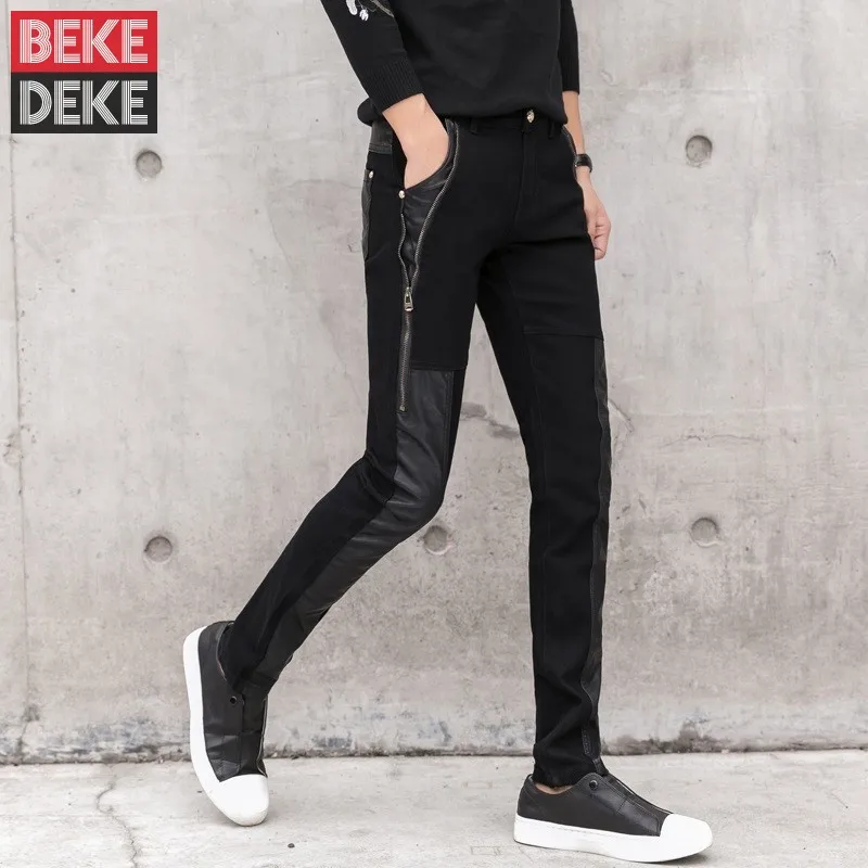 Fashion Mens Slim Fit Denim Pencil Pants Zipper Faux Leather Patchwork Motorcycle Biker Pants Casual Streetwear Long Trousers